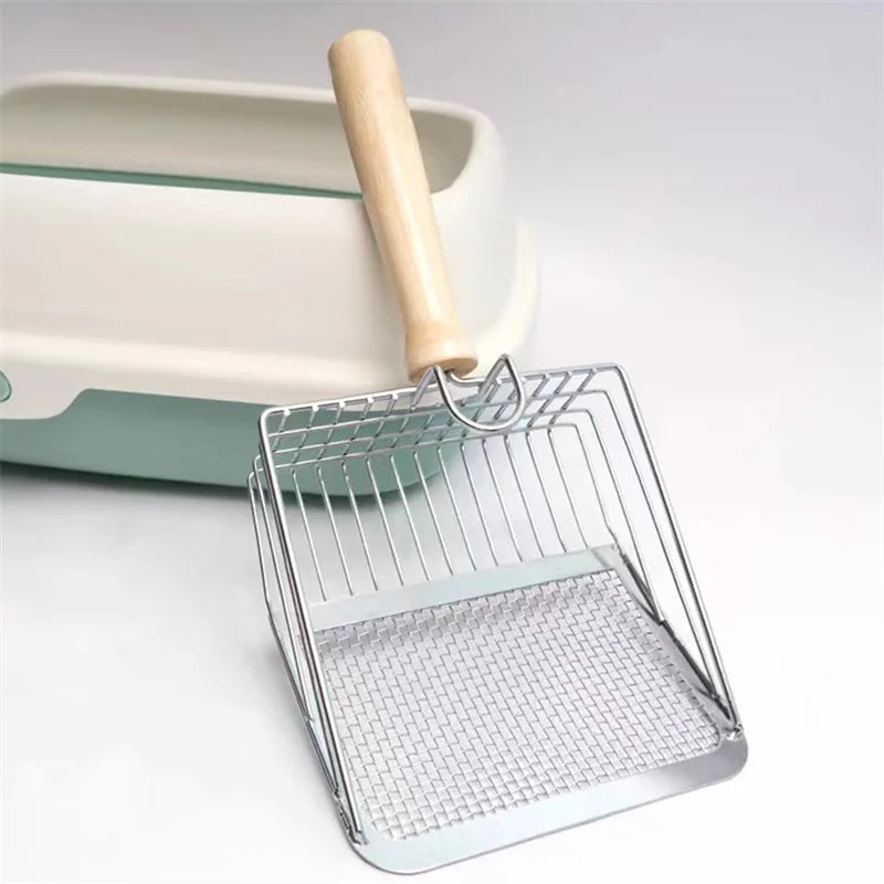 Cat litter scoop, stainless steel with wooden handle