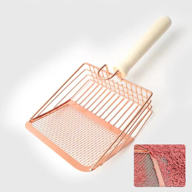 Cat litter scoop, stainless steel with wooden handle