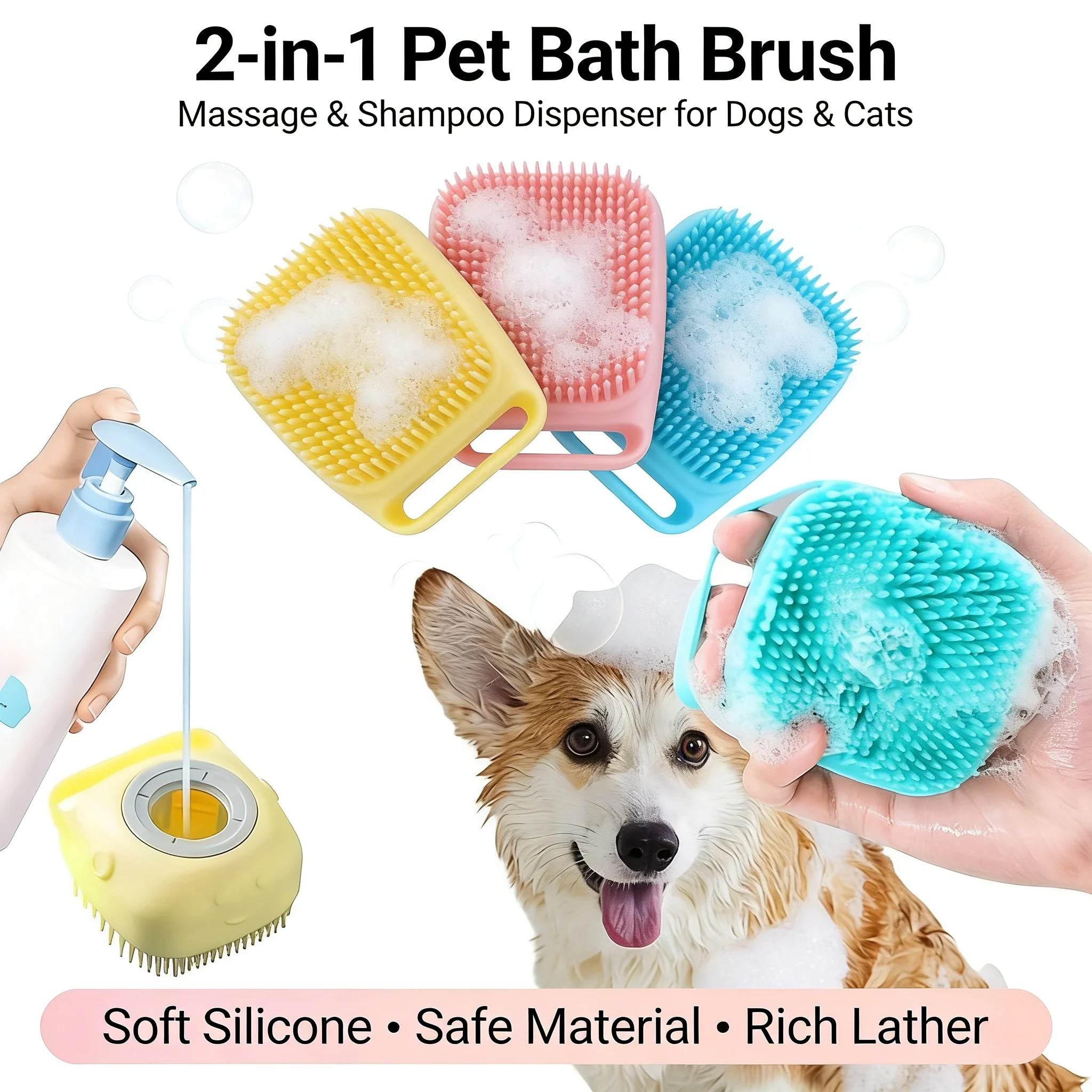 2-In-1 Pet Bath & Massage Brush With Shampoo Storage