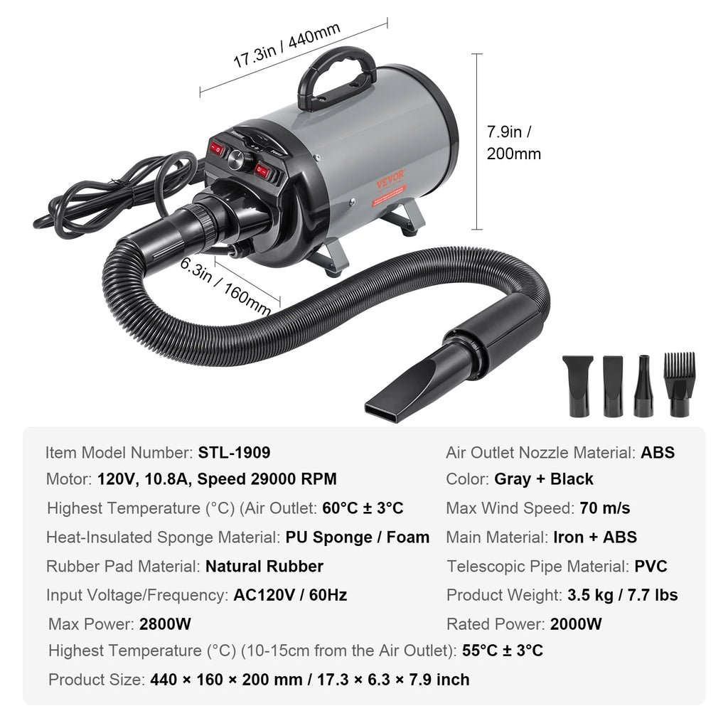 SucceBuy 2000W/2.7HP Dog Blow Dryer Adjustable Speed