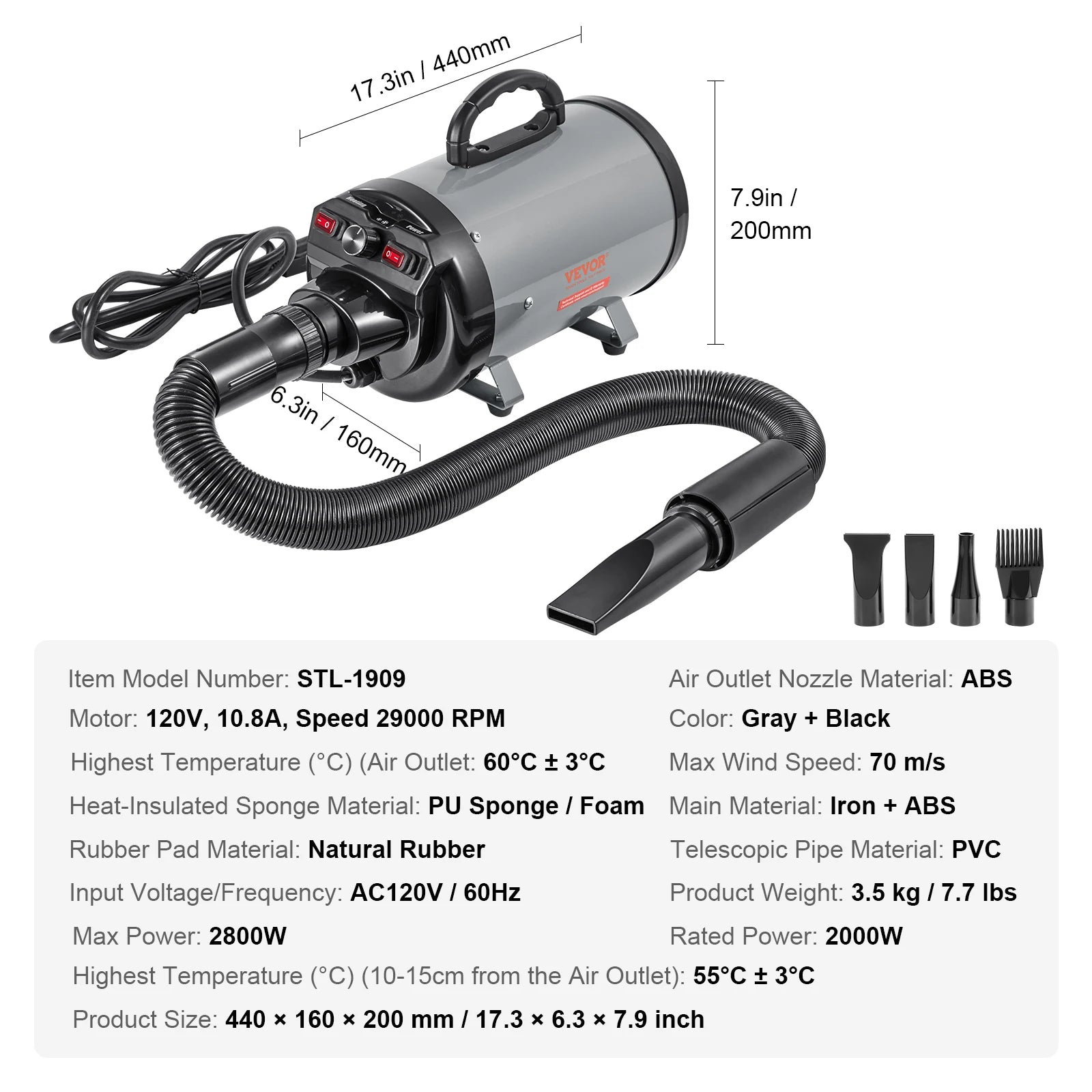 SucceBuy 2000W/2.7HP Dog Blow Dryer Adjustable Speed