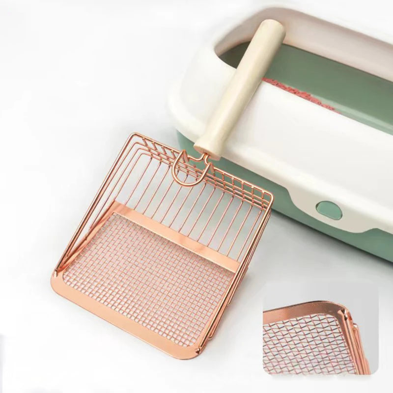 Cat litter scoop, stainless steel with wooden handle