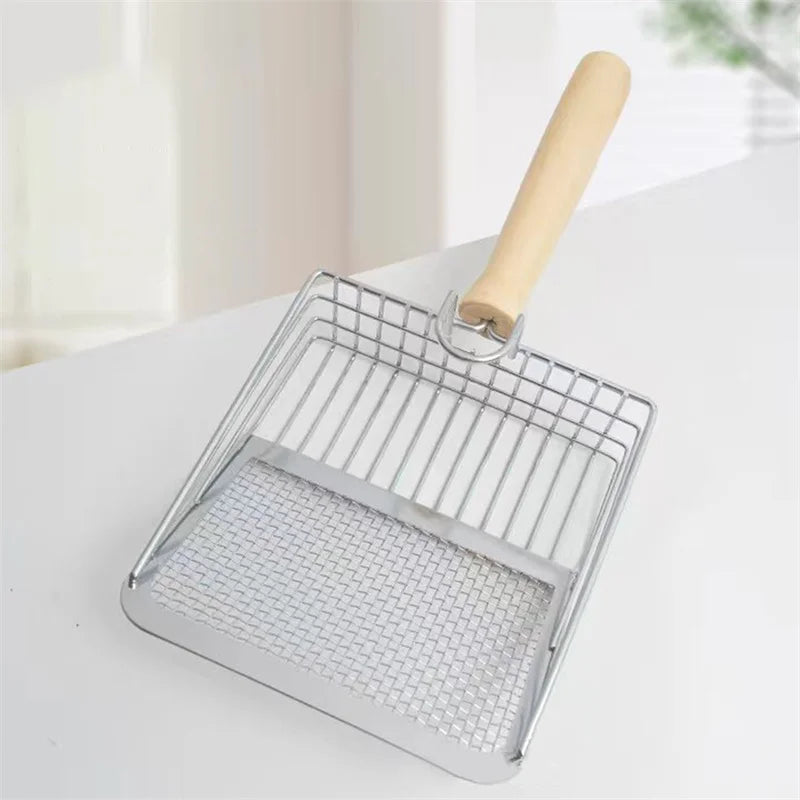 Cat litter scoop, stainless steel with wooden handle