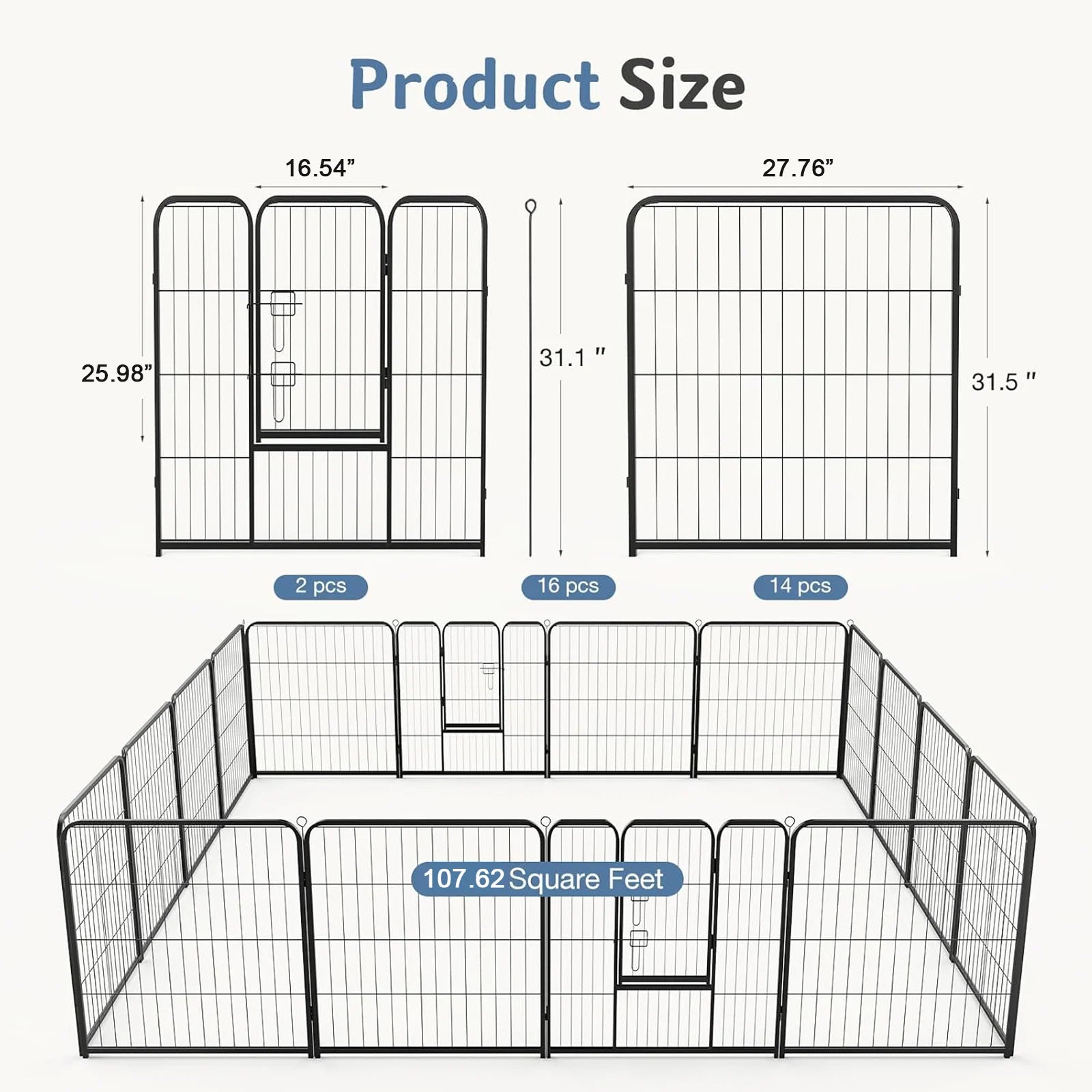 16 Panels Dog Playpen Pet Fence Metal 24 Inch to 32 Inch Foldable